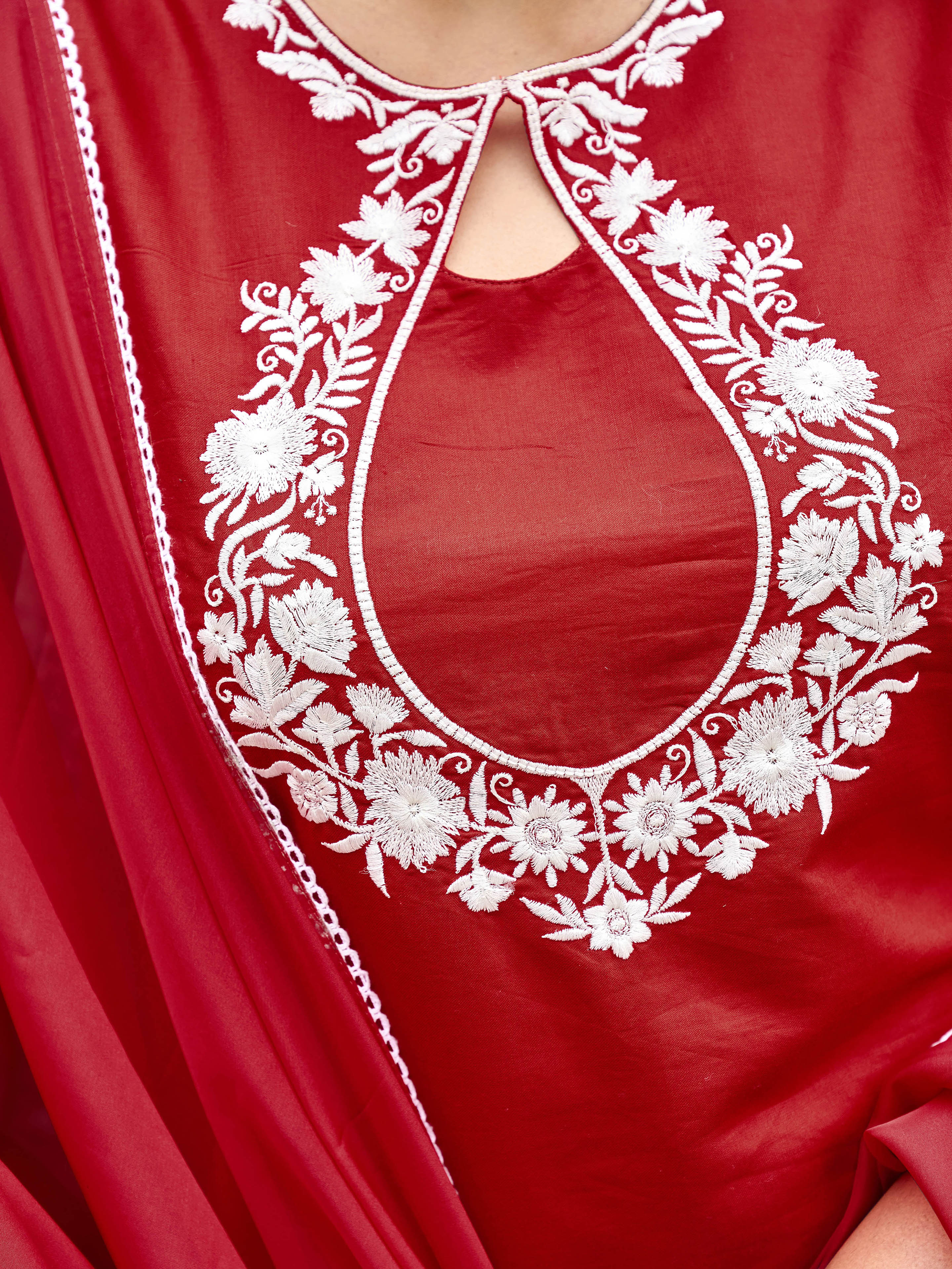 Red color silk blend with white thread embroidered kurta & palazzo with dupatta set